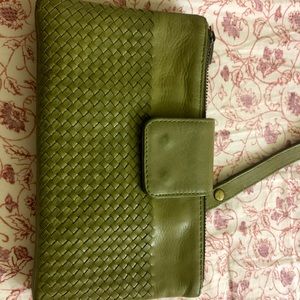 Green genuine leather purse with wrist strap